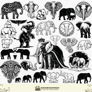 May include: A selection of black and white elephant illustrations. The image features elephants in different poses and styles, including geometric, floral, and cartoon designs. Some elephants are wearing hats or crowns.