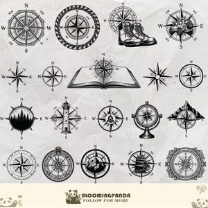 Könnte beinhalten: Eine Sammlung von schwarz-weißen Kompassrosen-Illustrationen in verschiedenen Stilen. Designs umfassen einen klassischen Kompass, einen Kompass in einem Kreis und einen Kompass mit einer Berg-Grafik. Der Text "BLOOMINGPANDA FOLLOW FOR MORE" ist ebenfalls enthalten.