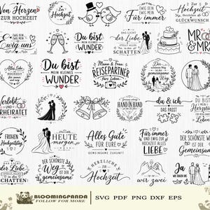 Peut inclure: Une collection de motifs graphiques numériques en noir et blanc sur le thème du mariage, comprenant diverses phrases romantiques en allemand, des illustrations de couples, gâteaux, alliances, cloches et cœurs, présentés en grille.