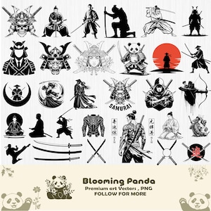 May include: A collection of black and white samurai-themed illustrations. The images include warriors in various poses, samurai helmets, swords, and a panda in samurai armor. The text "Blooming Panda" is also present.