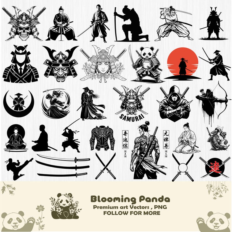 May include: A collection of black and white samurai-themed illustrations. The images include warriors in various poses, samurai helmets, swords, and a panda in samurai armor. The text "Blooming Panda" is also present.