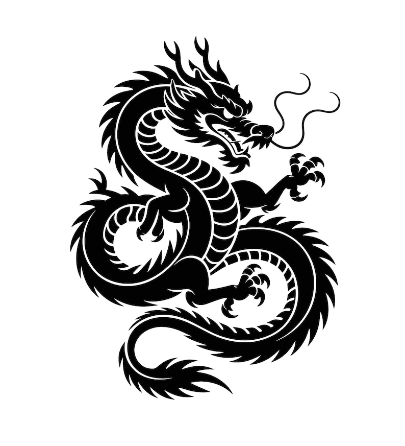 May include: A black dragon illustration on a white background. The dragon is depicted in a dynamic pose, with its body coiled and its claws extended. The dragon has detailed scales, a long tail, and a fierce expression.