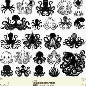 May include: A collection of black and white octopus illustrations in various styles. Some octopuses are wearing accessories like glasses, crowns, and hats. Others are depicted with nautical elements such as anchors and compasses. The designs are suitable for crafts and digital art.