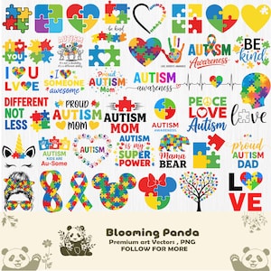 May include: A collection of colorful autism awareness graphics. Designs include puzzle pieces, hearts, ribbons, and text such as "Autism Mom," "Be Kind," and "Love." The designs are in various shapes and sizes.