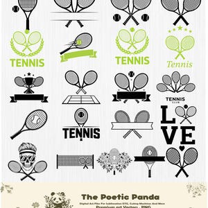 May include: A collection of black and white tennis-themed graphics. Designs include tennis rackets, balls, and text elements such as "TENNIS" and "LOVE". The image also features a panda illustration and the text "The Poetic Panda".