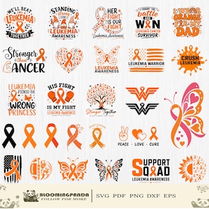 May include: A collection of orange leukemia awareness graphic designs featuring ribbons, butterflies, sunflowers, and inspirational text like Stronger Than Cancer, Support Squad, and Leukemia Warrior, presented in various styles and layouts.