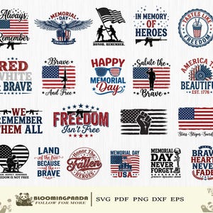 May include: Collection of patriotic designs featuring American flags, eagles, and text. Includes phrases like "Always Remember," "Happy Memorial Day," and "Freedom Isn't Free." Ideal for creating patriotic crafts and decorations.