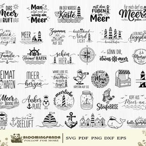 May include: A collection of black and white nautical-themed digital designs featuring lighthouses, anchors, sailboats, seagulls, and German phrases like Das Meer ruft, Heimat Hafen, and Meerliebe. The graphics include various typography styles.
