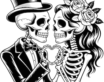 Ilustración vectorial de pareja de esqueletos, esqueleto SVG, arte de esqueletos, imágenes prediseñadas de esqueletos, silueta de esqueleto, pareja gótica, esqueletos enamorados