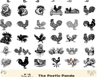 Pacote de imagens SVG de galo rústico, SVG de galo, SVG de pintinho, Clipart de galo, Silhueta de galo, Galo de fazenda, Galo cantando