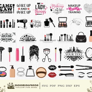 May include: A collection of black and white makeup-themed illustrations and text. Includes makeup brushes, lipsticks, a hair dryer, nail polish, eye shadow palettes, a handbag, and the text "Came, Saw, Contoured", "Wake Up and Make Up", "Lady Things", and "Makeup is my life".