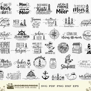 May include: A collection of black and white digital graphic designs featuring nautical themes such as lighthouses, anchors, sailboats, seagulls, and beach chairs, accompanied by various German phrases related to the sea and summer vacation.