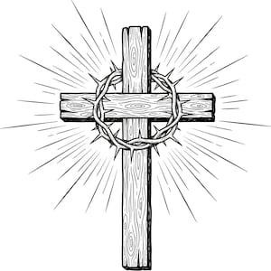 May include: A black and white illustration of a wooden cross with a crown of thorns. The cross has a textured wood grain appearance, and the crown of thorns is detailed. Rays of light emanate from behind the cross, creating a halo effect.