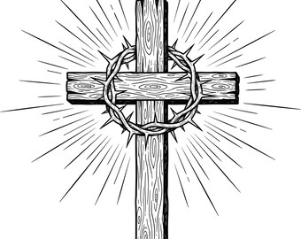 Cruz de madera con corona de espinas, ilustración vectorial, cruz SVG, silueta de cruz, cruz de espinas, cruz cristiana, imágenes prediseñadas de cruz