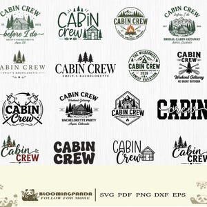 May include: A collection of sixteen black and dark green graphic designs featuring the text Cabin Crew, cabin illustrations, pine trees, mountains, campfires, and crossed oars. The bottom text reads BloomingPanda SVG PDF PNG DXF EPS.