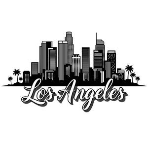 May include: Black and white graphic of the Los Angeles skyline, featuring stylized skyscrapers and palm trees. The city's name is written in a cursive font below the skyline.