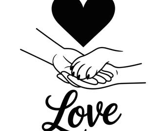 May include: Black heart above a hand holding a paw, with the word "Love" in a cursive font below. The image is a simple black and white illustration, perfect for pet lovers.