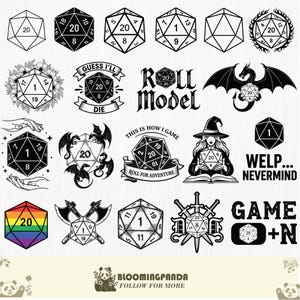 Puede incluir: Colección de diseños de dados D20 en blanco y negro, con varias ilustraciones que incluyen dragones, hachas y textos como "Roll Model" y "Game + N". Algunos dados son de color arcoíris.