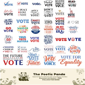 Op de afbeelding: Een verzameling digitale kunstbestanden met verschillende "Vote"-ontwerpen in rood, wit en blauw. De ontwerpen bevatten zinnen als "Let's Go Vote", "Your Vote Matters" en "Vote for Equality". De afbeelding bevat ook een panda-afbeelding.