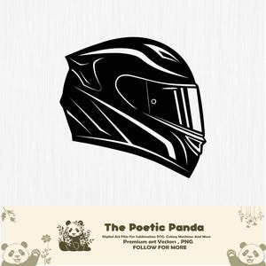 Può includere: Grafica in bianco e nero di un casco da moto, con visiera e design angolare. Questo file di arte digitale è adatto per la sublimazione e le macchine da taglio. Il testo "The Poetic Panda" è nella parte inferiore dell'immagine.