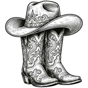 May include: A monochrome illustration of a cowboy hat and boots. The hat has a star and decorative swirls. The boots have pointed toes and are decorated with stars and scrollwork. The image is a detailed line drawing.