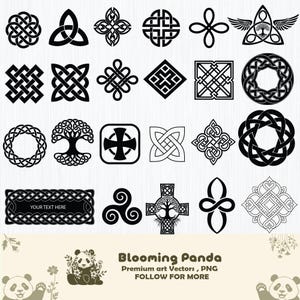 Può includere: Una collezione di disegni e simboli di nodi celtici neri. Include varie forme come cerchi, quadrati e croci, con uno striscione che dice "YOUR TEXT HERE". L'immagine presenta anche il testo "Blooming Panda" e "Premium art Vectors, PNG FOLLOW FOR MORE".