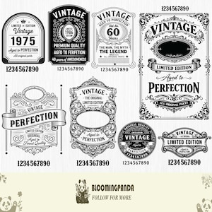 Puede incluir: Una colección de etiquetas en blanco y negro de estilo vintage con bordes ornamentados y texto. Las etiquetas presentan frases como "Vintage", "Limited Edition" y "Aged to Perfection". Algunas etiquetas incluyen los números "1975" y "1986".