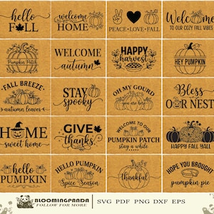 May include: A collection of rectangular doormats with various fall-themed designs. Each mat features black text and illustrations on a tan background. Phrases include "Hello Fall," "Welcome Home," and "Happy Harvest," along with pumpkin graphics.