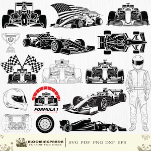 May include: A collection of black and white vector graphics featuring Formula 1 race cars, a trophy, checkered flags, a helmet, a steering wheel, and a racing driver. The text "FORMULA 1" is included.