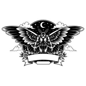 May include: Black and white illustration of a moth-like creature with large wings, a muscular torso, and a head with large eyes. The design includes a crescent moon, stars, clouds, and a banner for text.