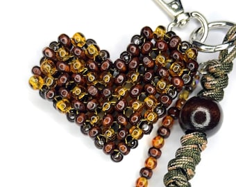 Keychain Bag Accessory Heart Charm Natural Wood Beads With Carabiner Clip