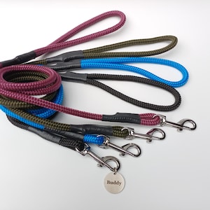 May include: A selection of dog leads in various colours, including purple, green, blue, and black. Each lead features a loop handle and a metal clasp. One lead has a small, round tag with the name "Buddy".