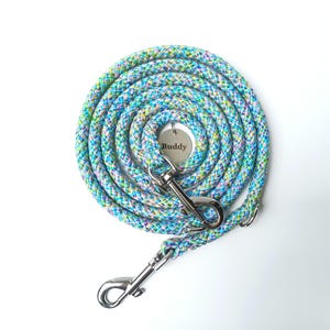 May include: A coiled rope dog lead featuring a multi-coloured braided pattern in shades of blue, green, and white. The lead includes two silver-toned metal swivel snap hooks and a circular metal identification tag engraved with the name Buddy.