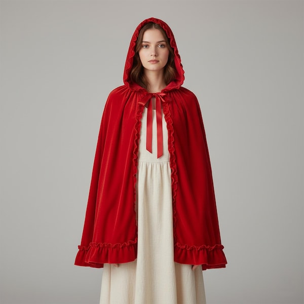 Red Velvet Hooded Cape: Ruffle Trim Cloak - Fairytale Costume