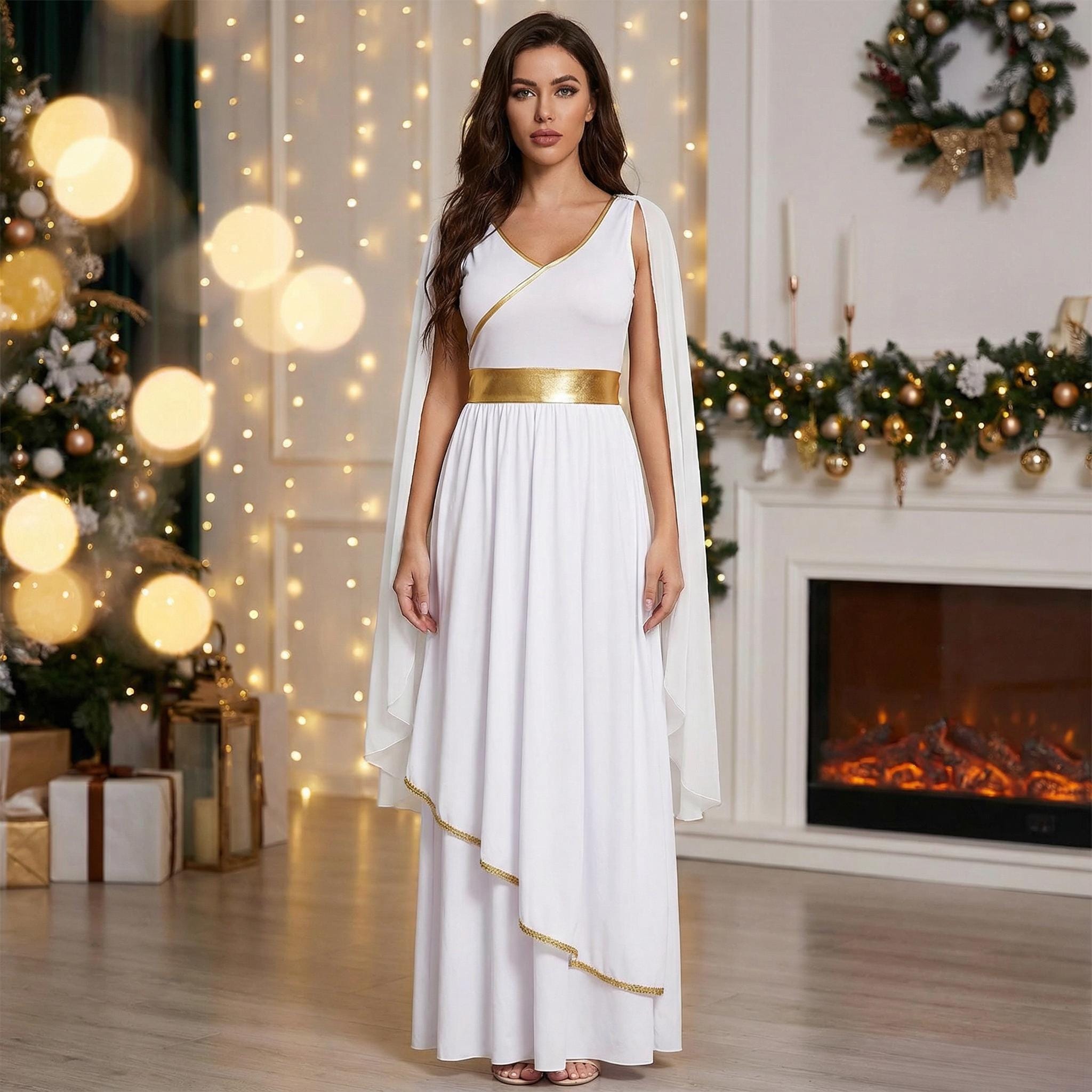 white and gold goddess dress Yizyif Womens Halloween Toga Dress Ancient Greece Roman Queen Dress Up Chiffon Gold Trims Long Dress White XXL, Women's, Size: 2XL, Blue