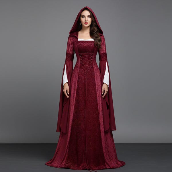 Hooded Renaissance Gown: Elven Cosplay Dress with Bell Sleeves