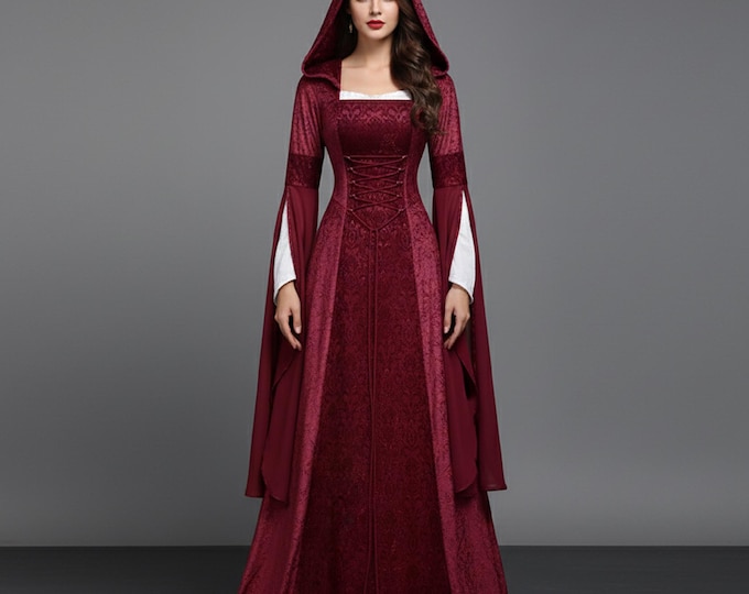 Hooded Renaissance Gown: Elven Cosplay Dress with Bell Sleeves
