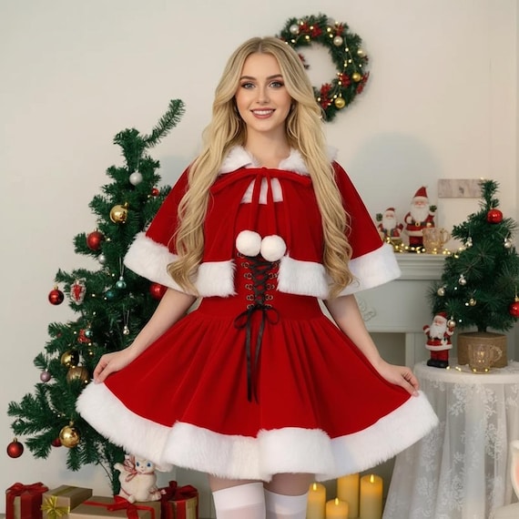 Red Christmas Dress with Faux Fur Trim, Festive Holiday Costume
