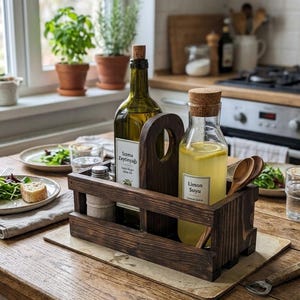 May include: A dark brown wooden caddy with a central handle containing a green glass bottle labeled Sızma Zeytinyağı, a clear glass bottle labeled Limon Suyu with lemon slices inside, a small metal shaker, and two wooden spoons with cork stoppers.
