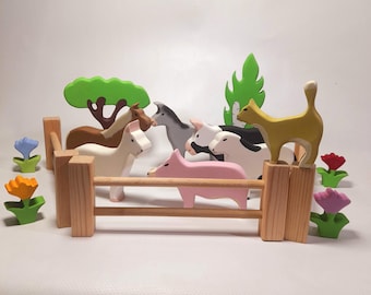Handmade Wooden Farm Animal Playset- Montessori Waldorf Toy 18 pcs