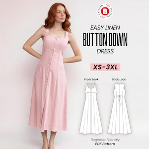 May include: A light pink linen button-down dress with a square neckline and a row of buttons down the front. The dress has a fitted bodice and a flowing skirt. The image includes the text "EASY LINEN BUTTON DOWN DRESS" and "XS-3XL".