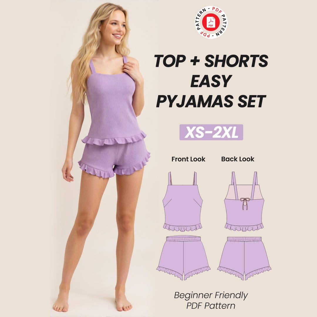 Top + Shorts Pyjama Set Sewing Pattern | Sleepwear Women's Elastic Wide ...
