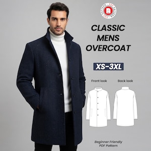 Può includere: Un cappotto blu navy dal design classico. L'immagine mostra un uomo che indossa il cappotto, insieme a un diagramma delle viste anteriore e posteriore. Il testo sull'immagine recita "CLASSIC MENS OVERCOAT" e "XS-3XL".