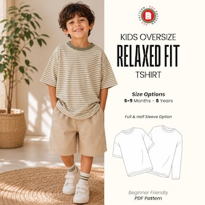 Może przedstawiać: Cyfrowy wykrój krawiecki w formacie PDF na dziecięcy t-shirt oversize o luźnym kroju. Projekt zawiera opcje z długim i krótkim rękawem, dla rozmiarów od 6-9 miesięcy do 8 lat. Wykrój przyjazny dla początkujących zawiera rysunki techniczne.