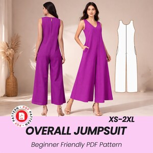 Mönster för jumpsuit, bekväm PDF-jumpsuit för kvinnor, enkla löst sittande dungareebyxor