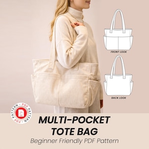 Może przedstawiać: Pokazano beżową torbę typu tote z sztruksu z wieloma kieszeniami. Torba jest trzymana przez osobę. Obraz pokazuje również widok z przodu i z tyłu torby. Tekst na obrazie brzmi "MULTI-POCKET TOTE BAG Beginner Friendly PDF Pattern."