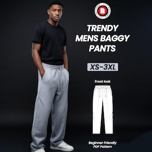 Op de afbeelding: Een man draagt een zwart t-shirt en een grijze, wijde broek met een trekkoord. De afbeelding bevat de tekst "TRENDY MENS BAGGY PANTS" en "XS-3XL". Er is ook een diagram van de broek. Het patroon is beginnersvriendelijk.