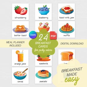 May include: A digital download of 24 breakfast cards for picky eaters. Each card features a colorful illustration of breakfast foods like strawberries, blueberries, toast, waffles, and cereal. The cards are designed to make breakfast easy.