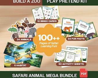 Build a Zoo Safari Animal Learning MEGA Busy Book Worksheet Bundle: Learn Safari Animal, Flashcards, Bingo, Activity Sheets Printables (PDF)