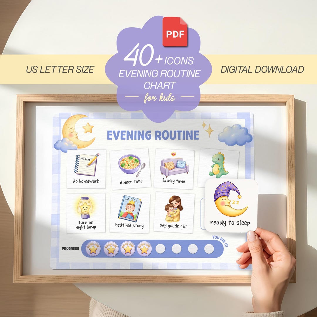 Kids Evening Routine Visual Cards Printable Bedtime Chart & Calm Night ...